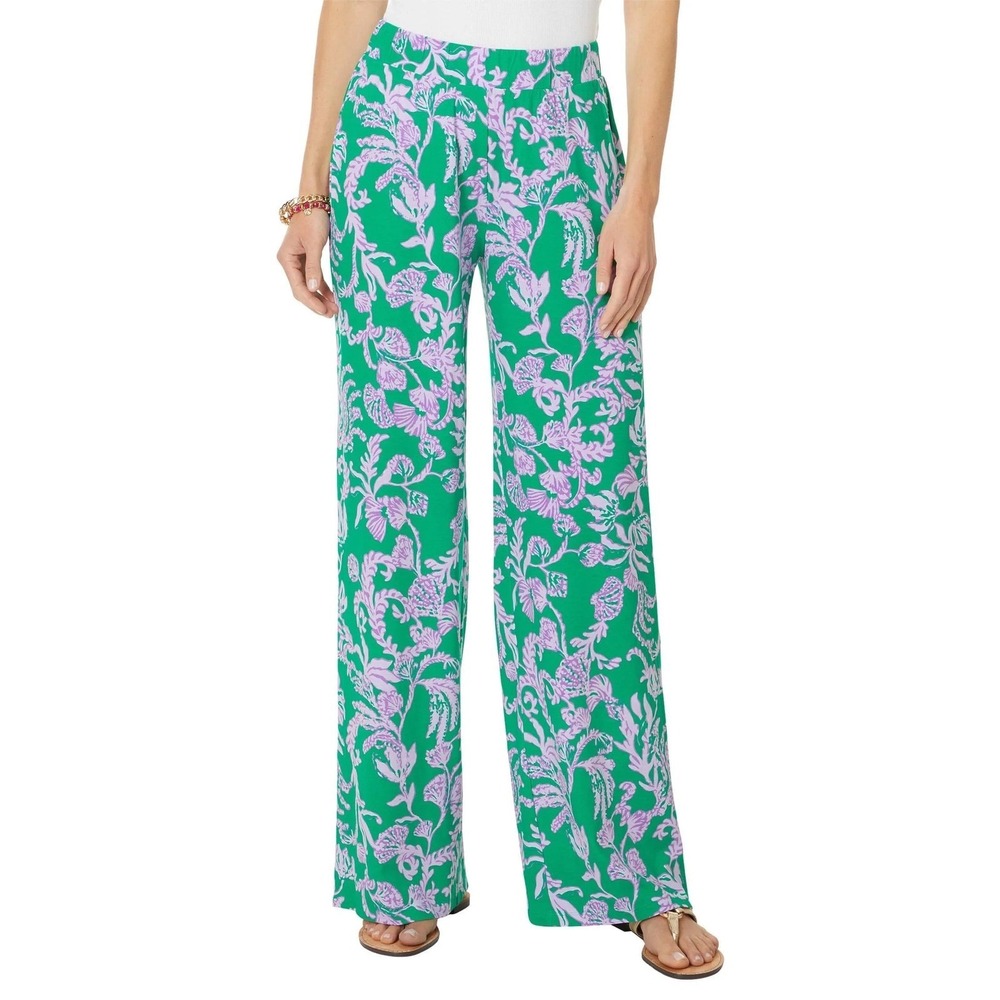 Lilly Pulitzer Pants Womens Medium Green Pink Floral Print Stretch Casual